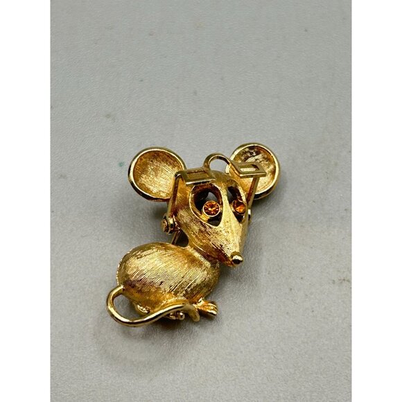 Vintage AVON Mouse with Eyeglasses Pin Brooch Gold Tone & Topaz Rhinestones Eyes - Picture 2 of 5